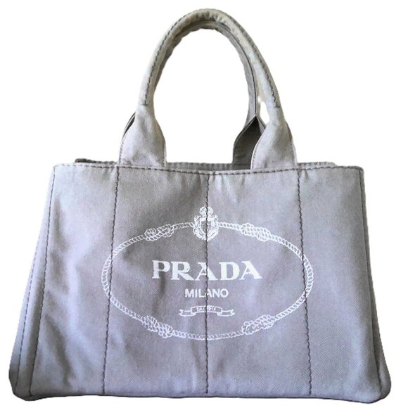 Prada Canapa Handbag Large Gray W/ White Denim Purse Tote W/ COA - Picture 1 of 10